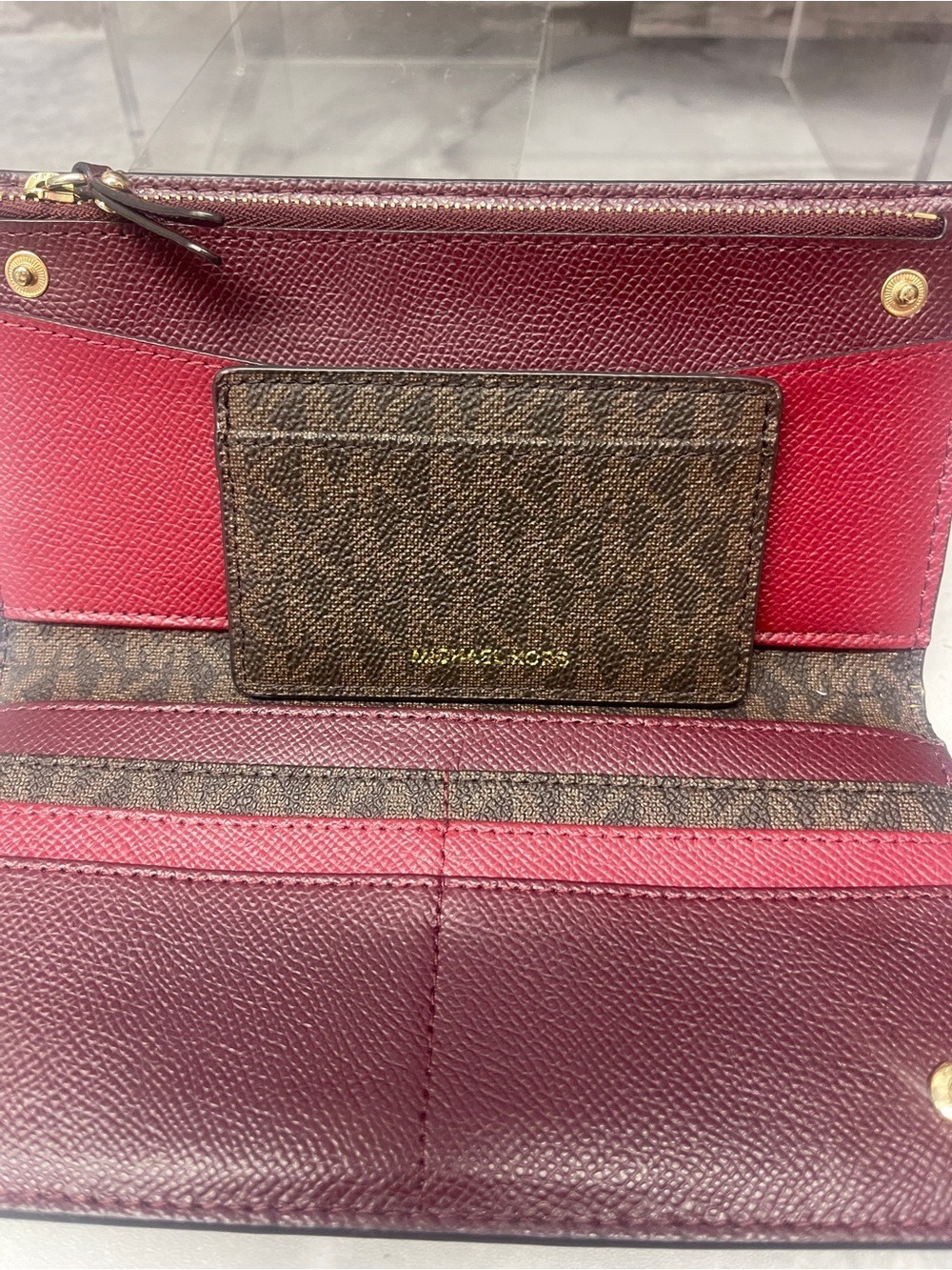 Michael Kors Kimberly Brown/Red Large Satchel & Matching Wallet Merlot Multi - Picture 12 of 14